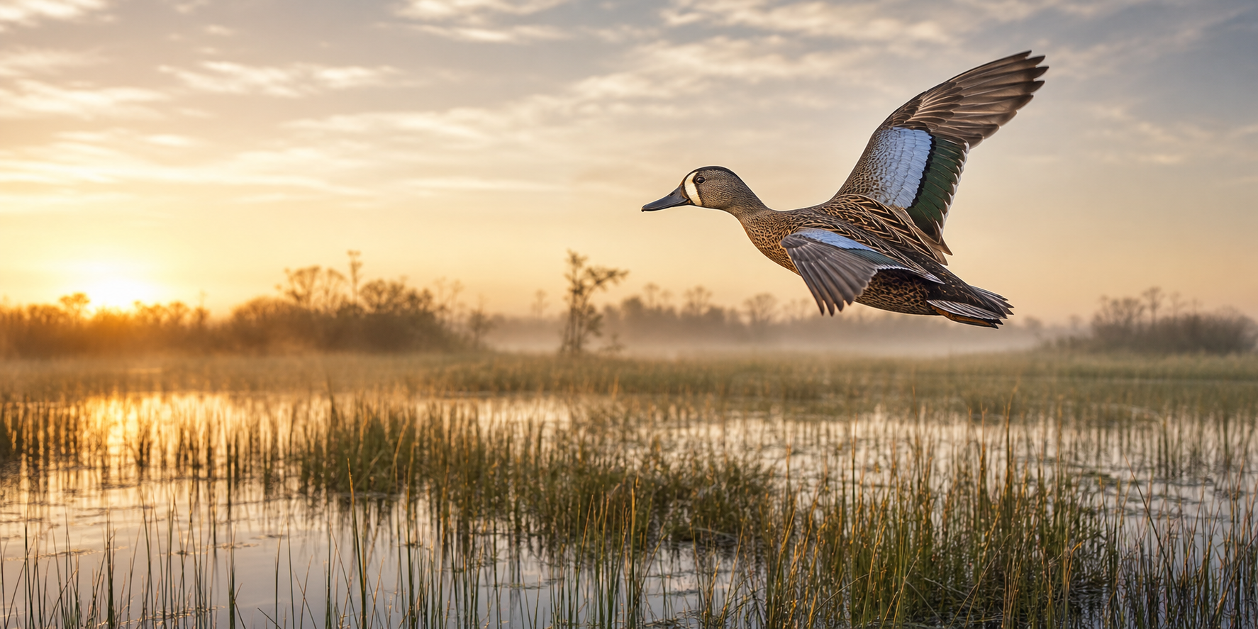Blue-winged teal flying over the Everglades at sunrise