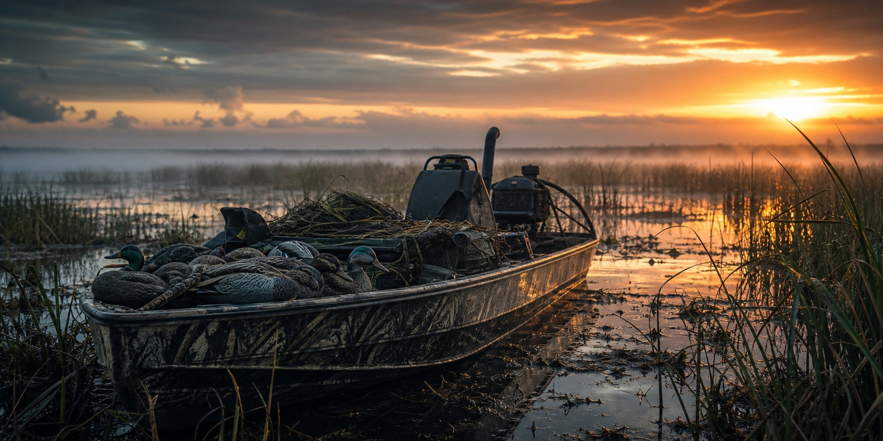 Camo duck boat with decoys in a flooded marsh at sunrise