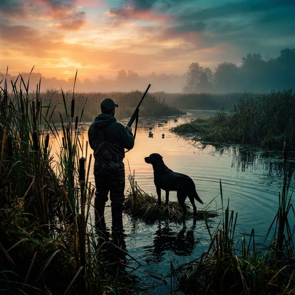 Hunter and retriever dog in waders standing in a foggy marsh at sunrise, wearing Marsh Mayhem waterfowl gear