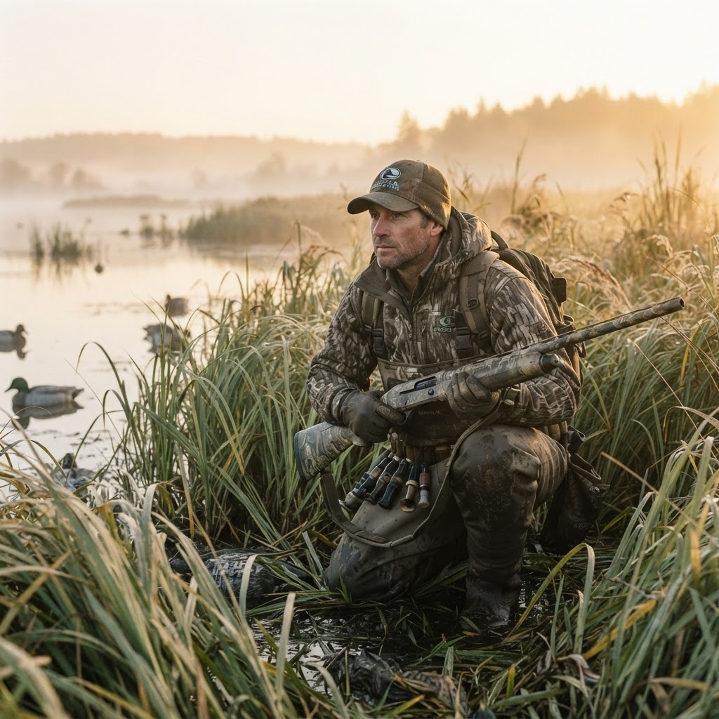 Waterfowl hunter running a boat through marsh grass at sunrise with a retriever on the bow